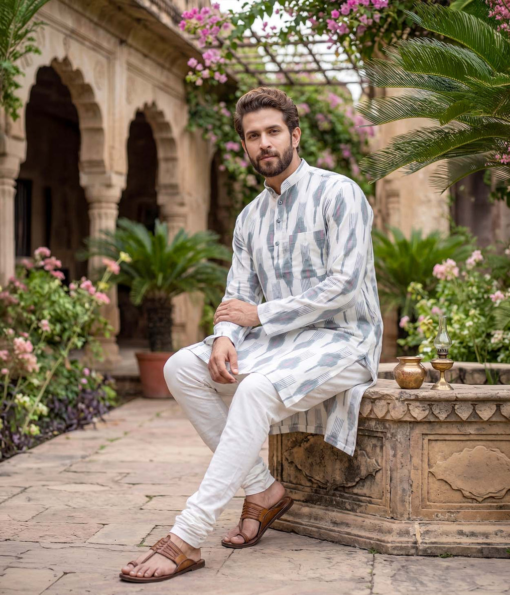 Verdant Ikat Woven Mens Long Kurta
