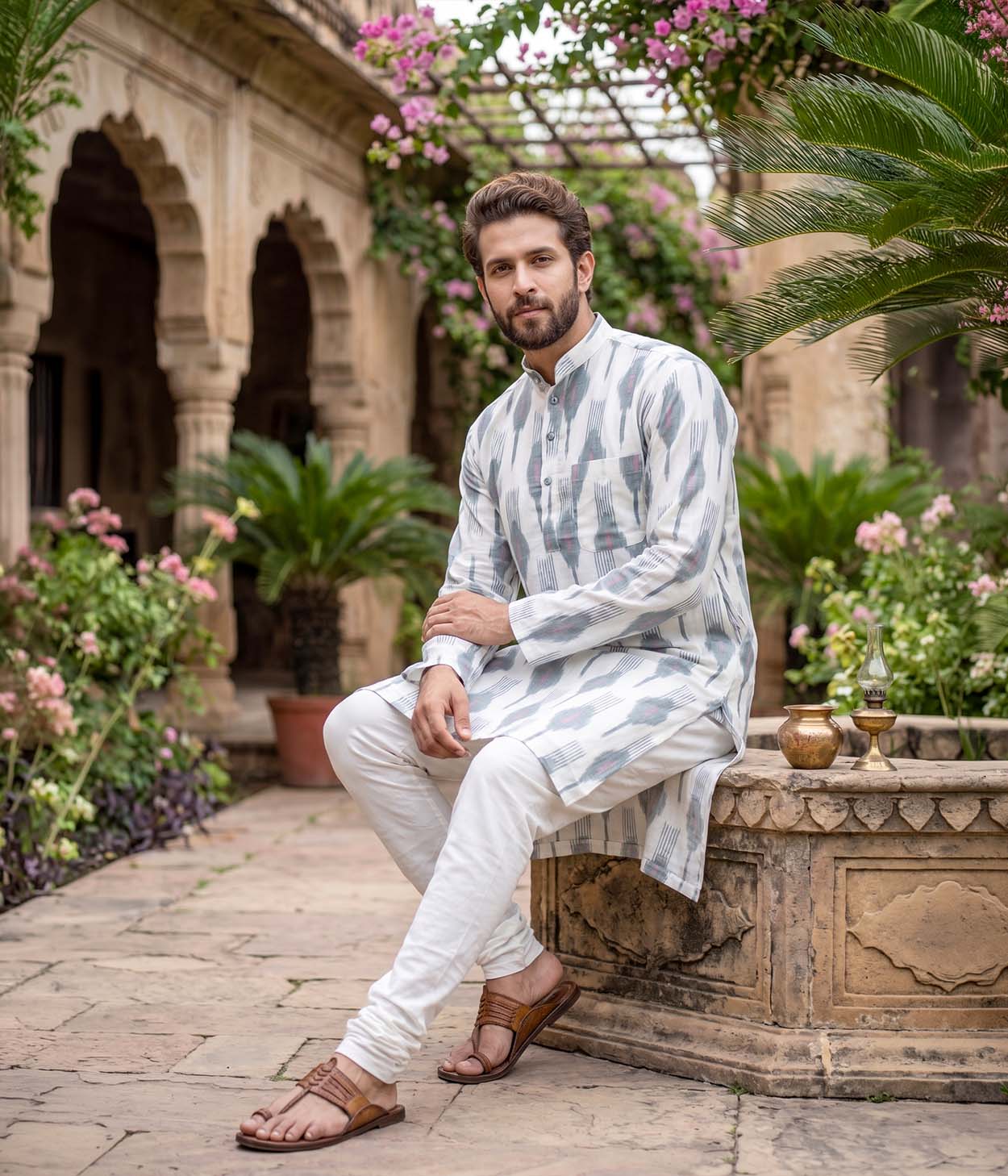 Verdant Ikat Woven Mens Long Kurta