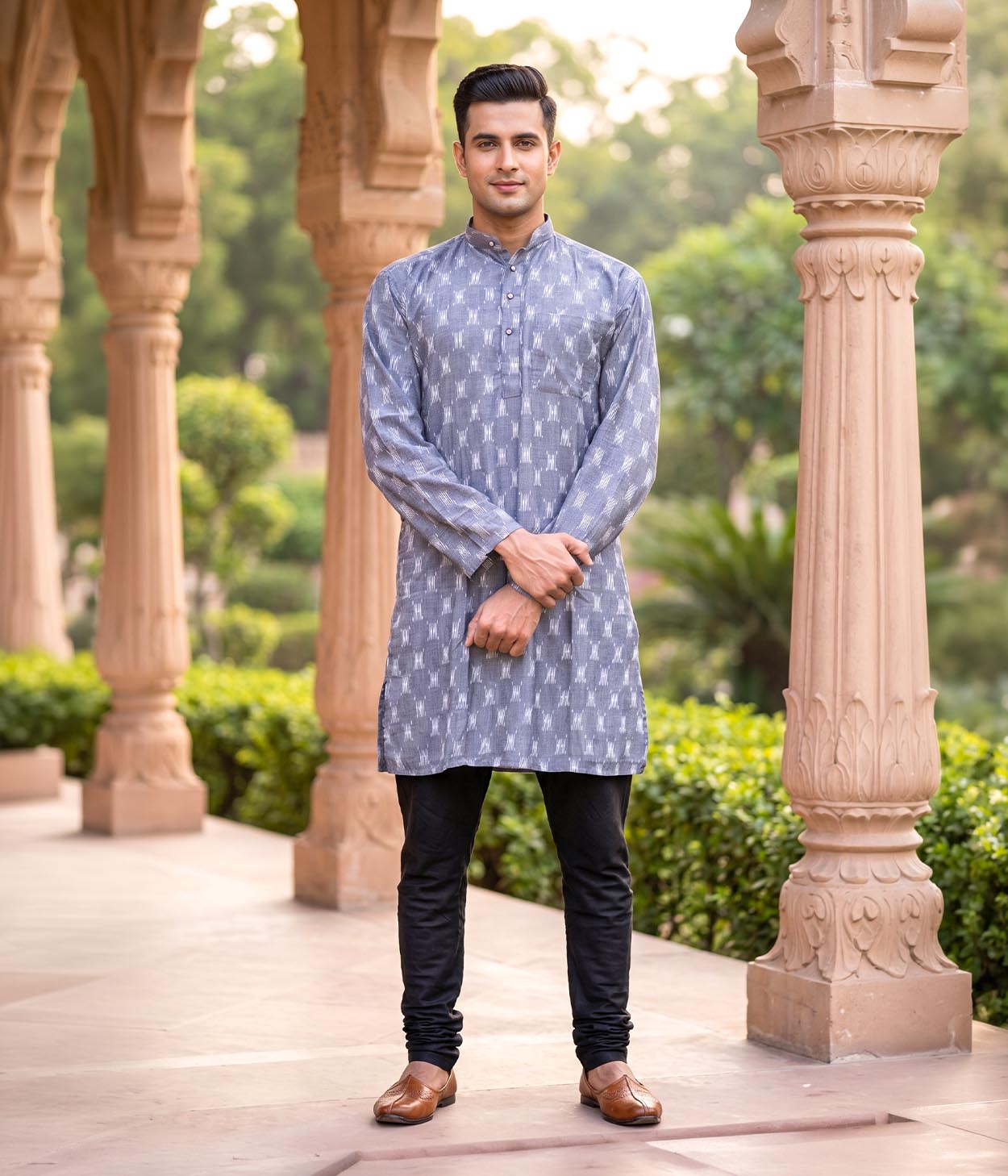 Slate Ikat Woven Mens Long Kurta