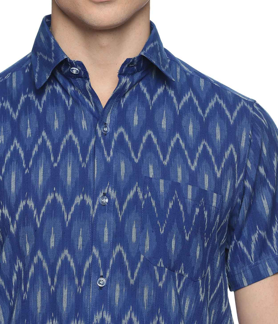 Ikat Blue Chevrons Mens Short-Sleeved Shirt