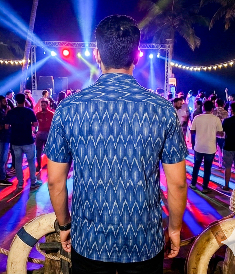 Ikat Blue Chevrons Mens Short-Sleeved Shirt