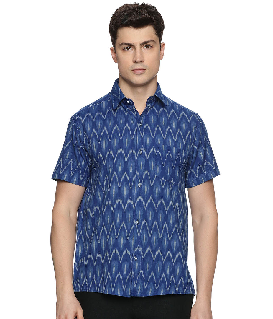 Ikat Blue Chevrons Mens Short-Sleeved Shirt