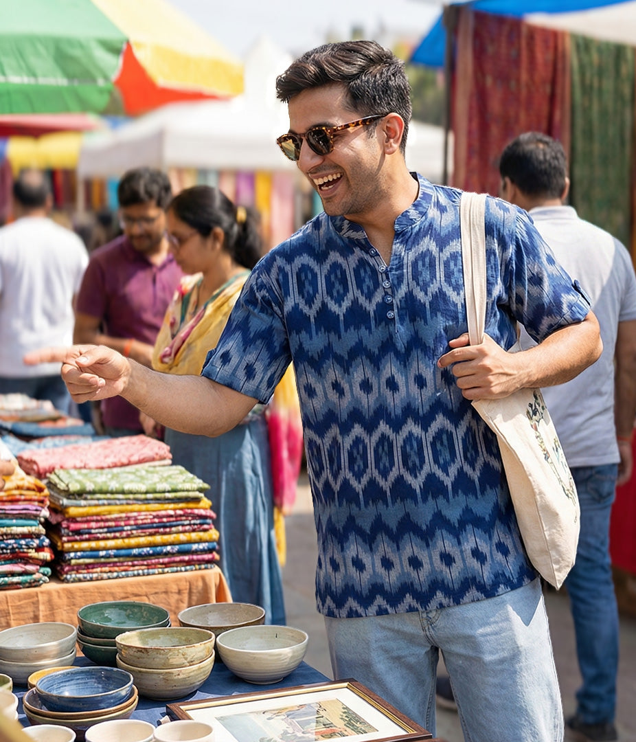 Ikat Blue Patterned Mens Slim Kurta
