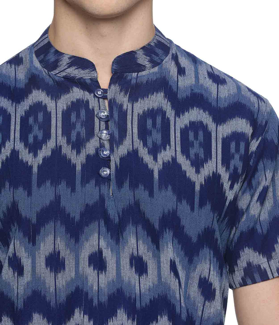 Ikat Blue Patterned Mens Slim Kurta