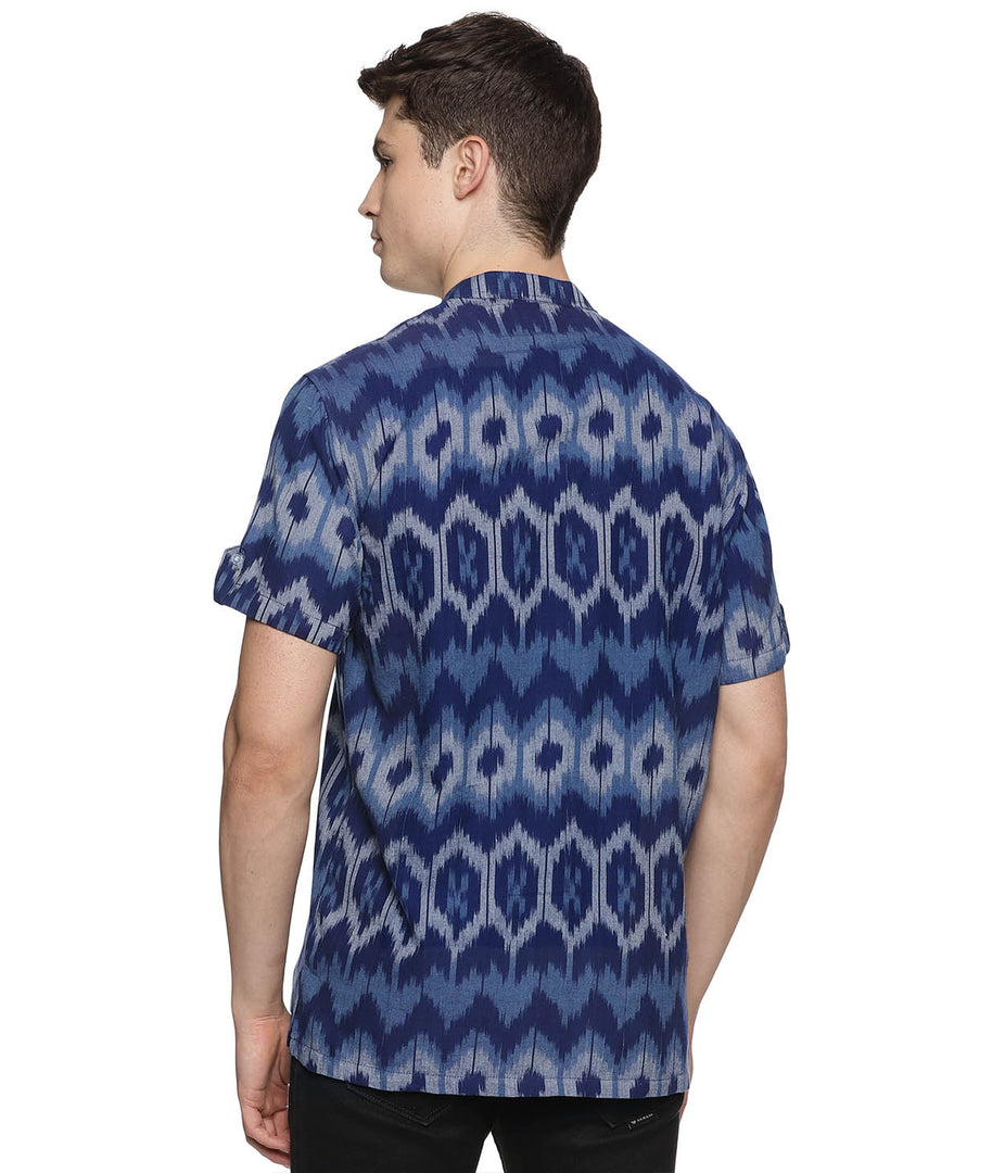 Ikat Blue Patterned Mens Slim Kurta