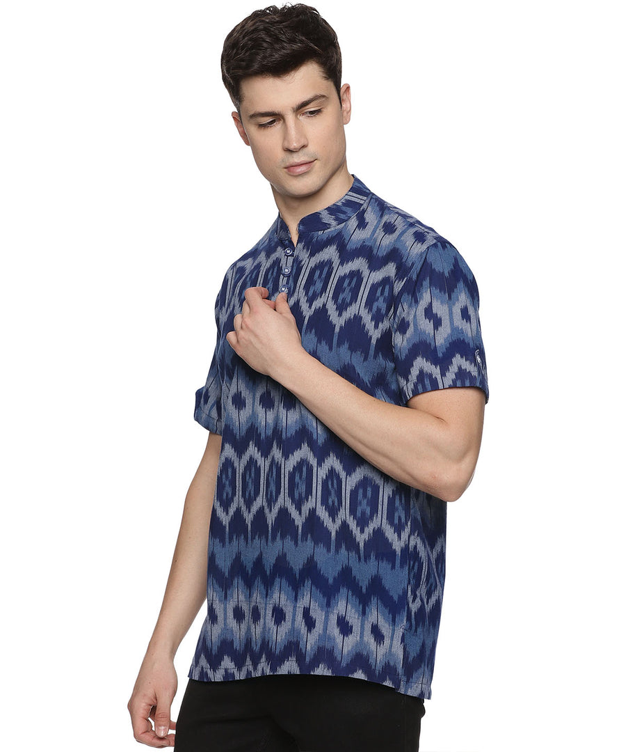 Ikat Blue Patterned Mens Slim Kurta