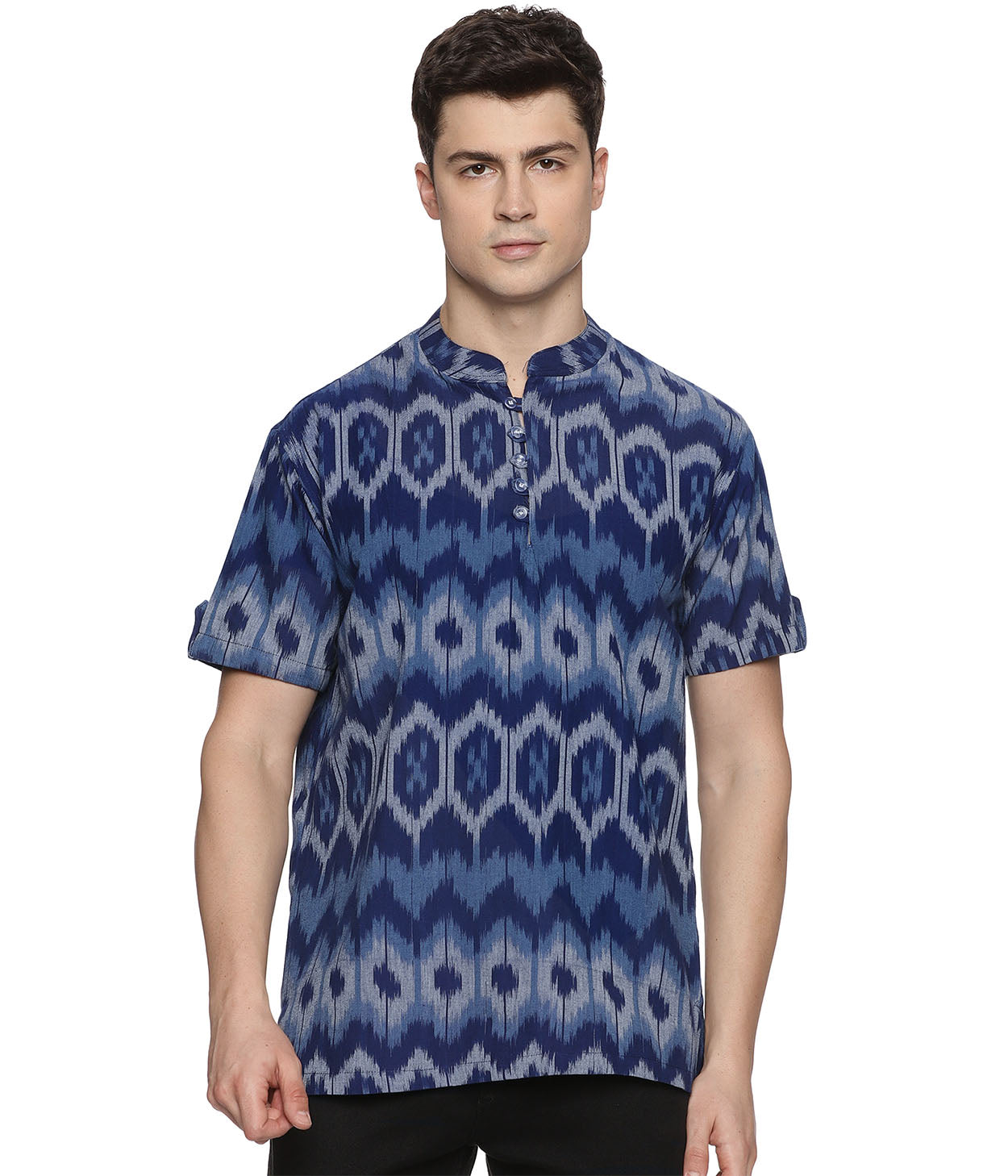 Ikat Blue Patterned Mens Slim Kurta Secondary image