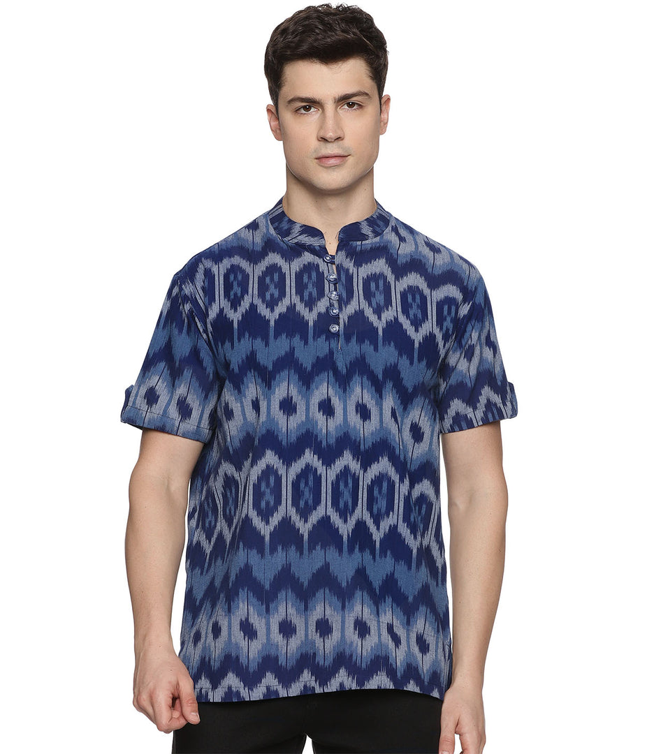 Ikat Blue Patterned Mens Slim Kurta