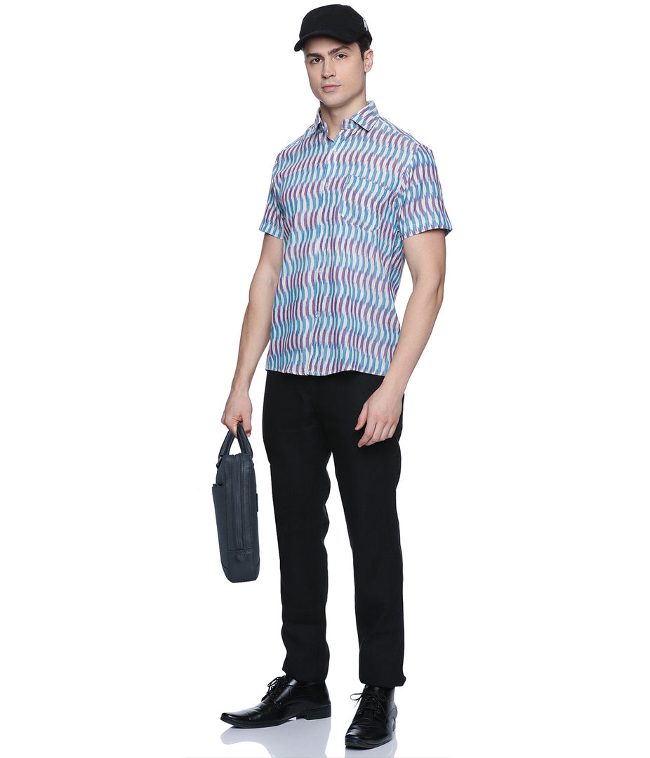 Ikat Blue-Purple Patterned Mens Short-Sleeved Shirt