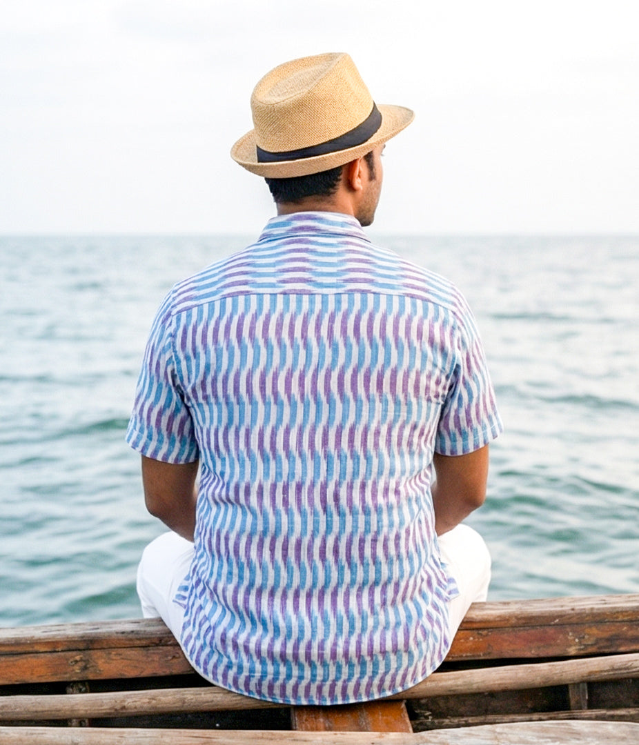 Ikat Blue-Purple Patterned Mens Short-Sleeved Shirt