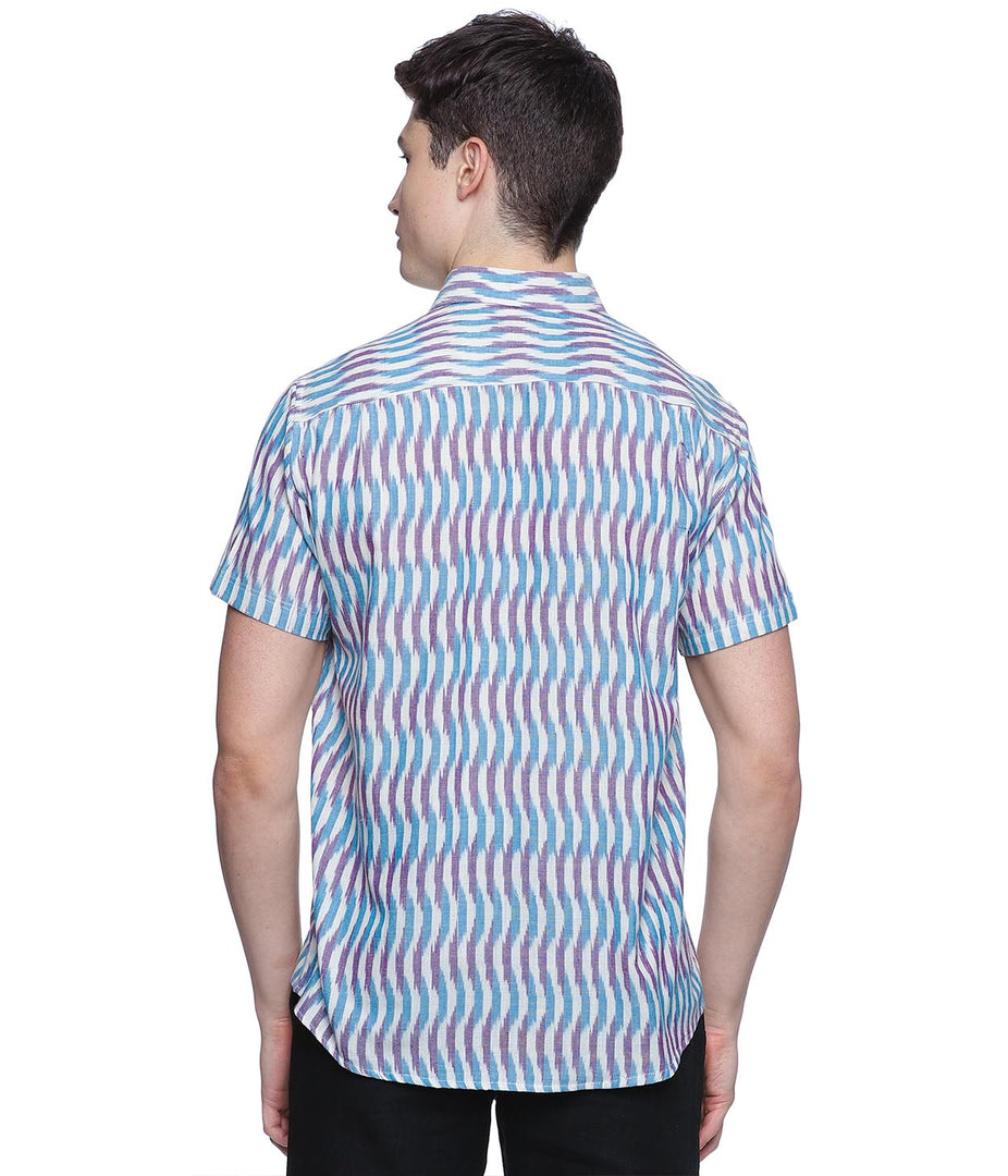 Ikat Blue-Purple Patterned Mens Short-Sleeved Shirt