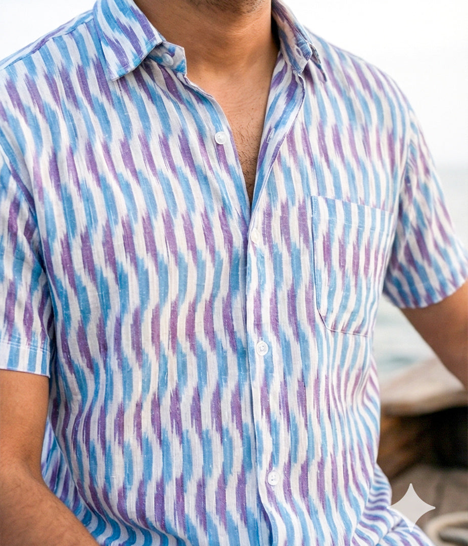 Ikat Blue-Purple Patterned Mens Short-Sleeved Shirt