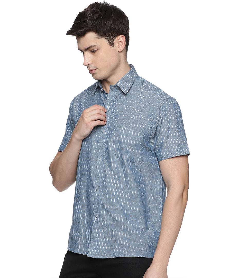 Ikat Chambray Blue Mens Short-Sleeved Shirt