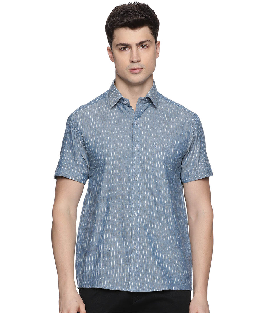 Ikat Chambray Blue Mens Short-Sleeved Shirt