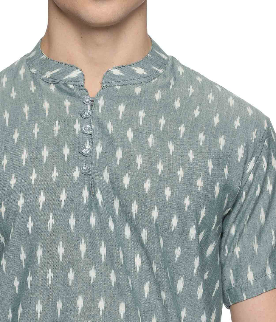 Ikat Green Patterned Mens Slim Kurta