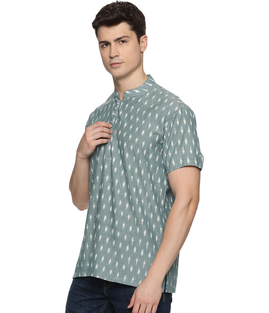 Ikat Green Patterned Mens Slim Kurta