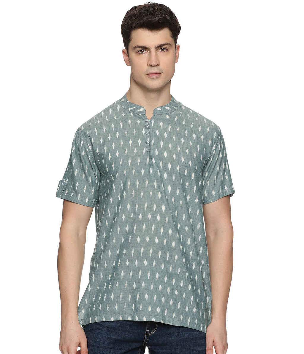 Ikat Green Patterned Mens Slim Kurta