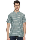 Ikat Green Patterned Mens Slim Kurta