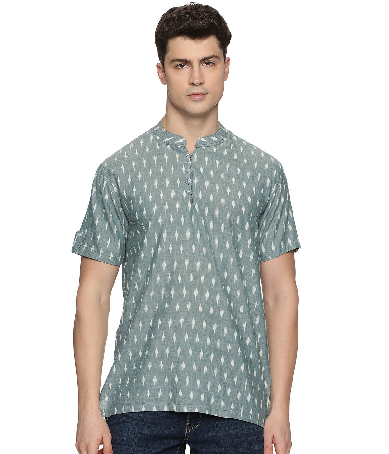 Ikat Green Patterned Mens Slim Kurta