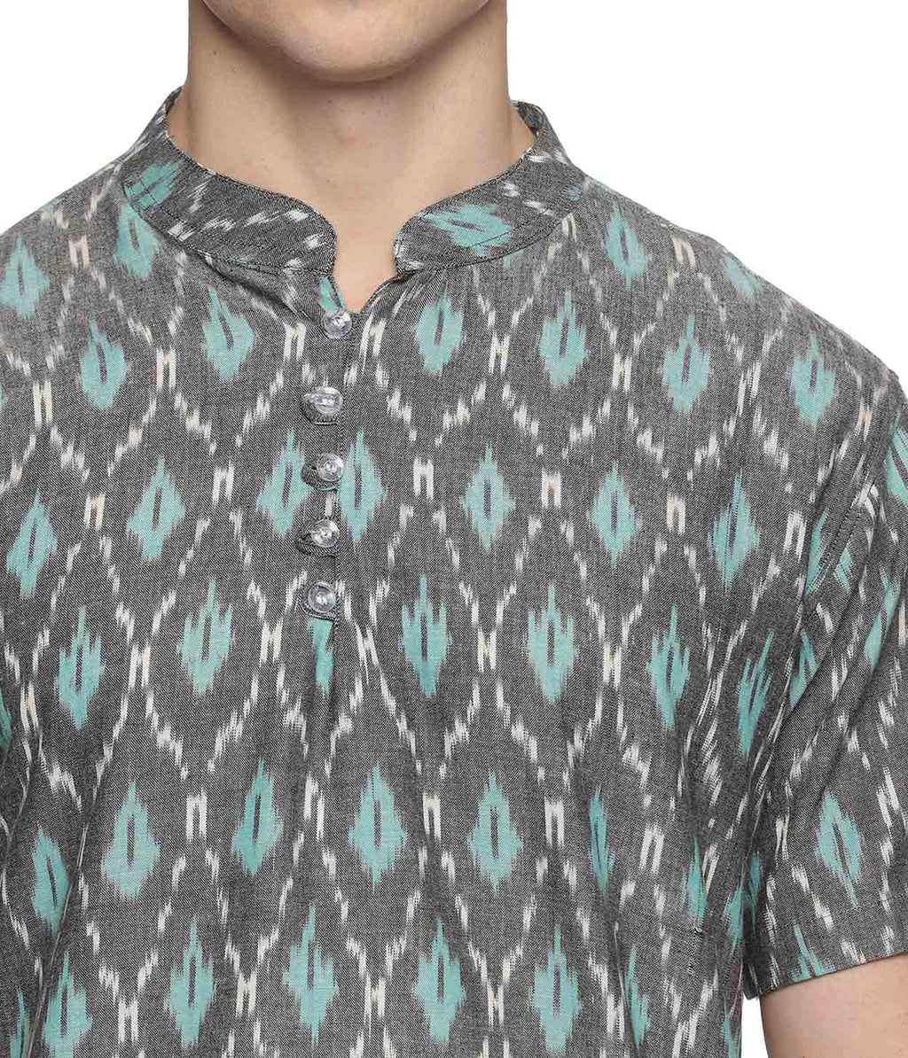 Ikat Grey-Turquoise Patterned Mens Slim Kurta