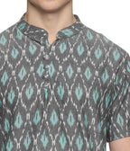 Ikat Grey-Turquoise Patterned Mens Slim Kurta