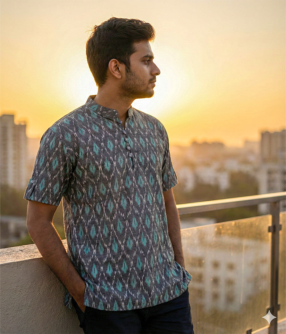 Ikat Grey-Turquoise Patterned Mens Slim Kurta