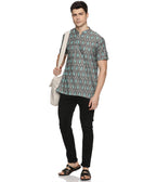Ikat Grey-Turquoise Patterned Mens Slim Kurta