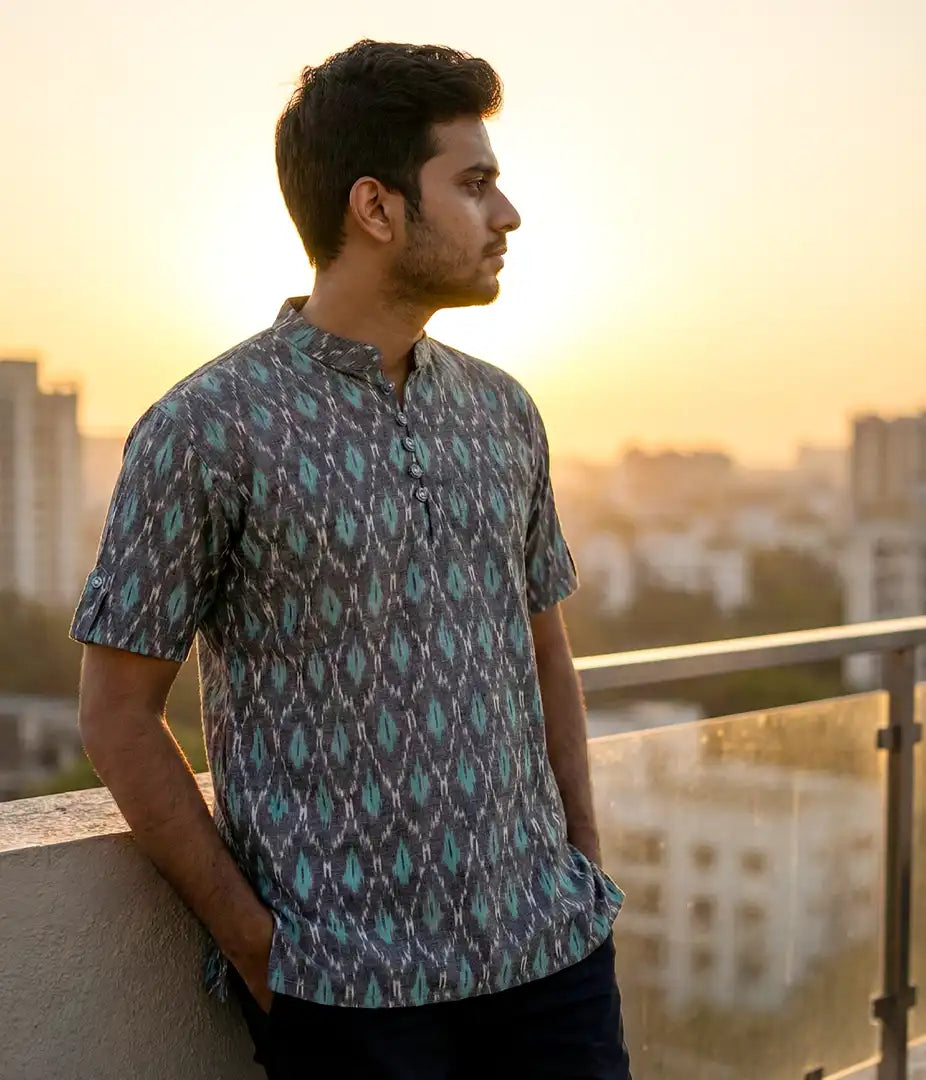 Ikat Grey-Turquoise Patterned Mens Slim Kurta