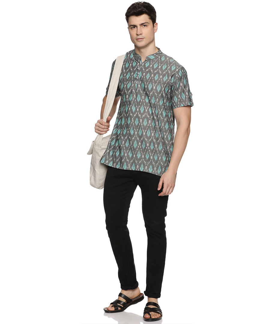 Ikat Grey-Turquoise Patterned Mens Slim Kurta