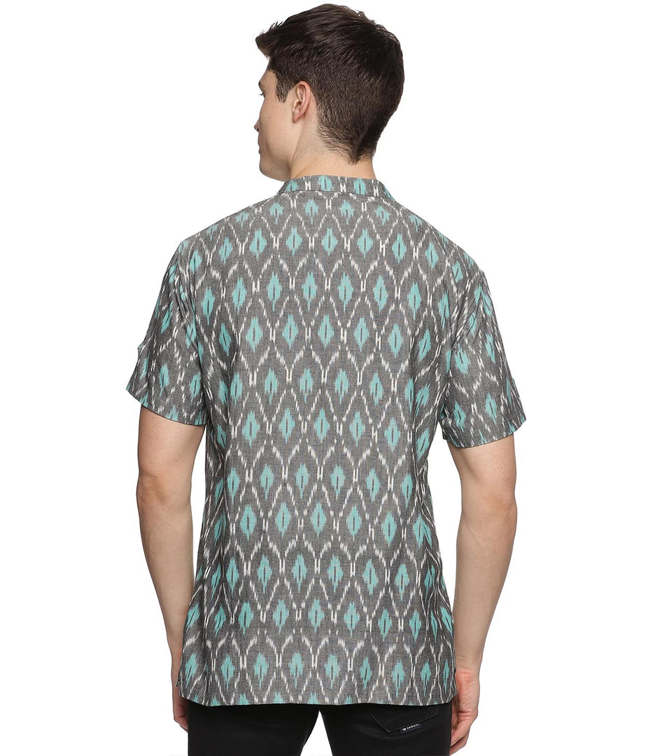 Ikat Grey-Turquoise Patterned Mens Slim Kurta