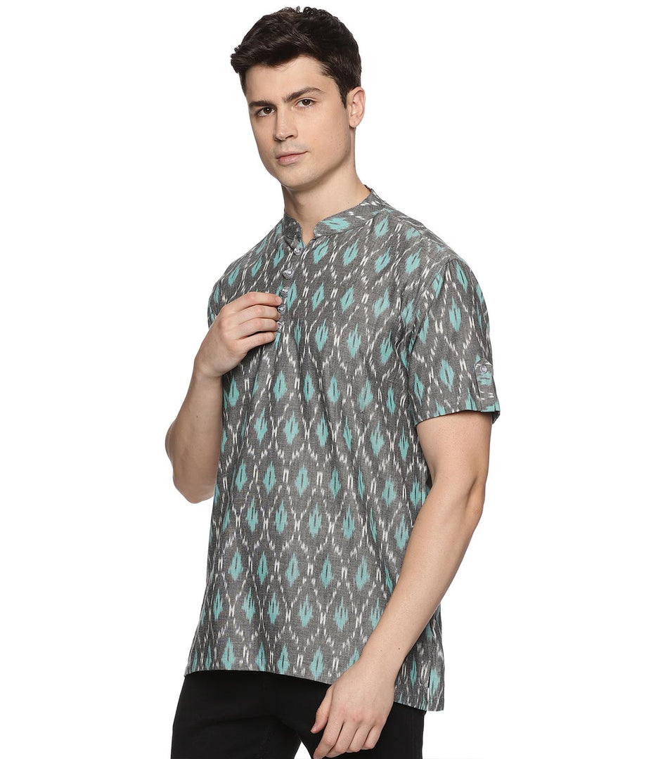 Ikat Grey-Turquoise Patterned Mens Slim Kurta