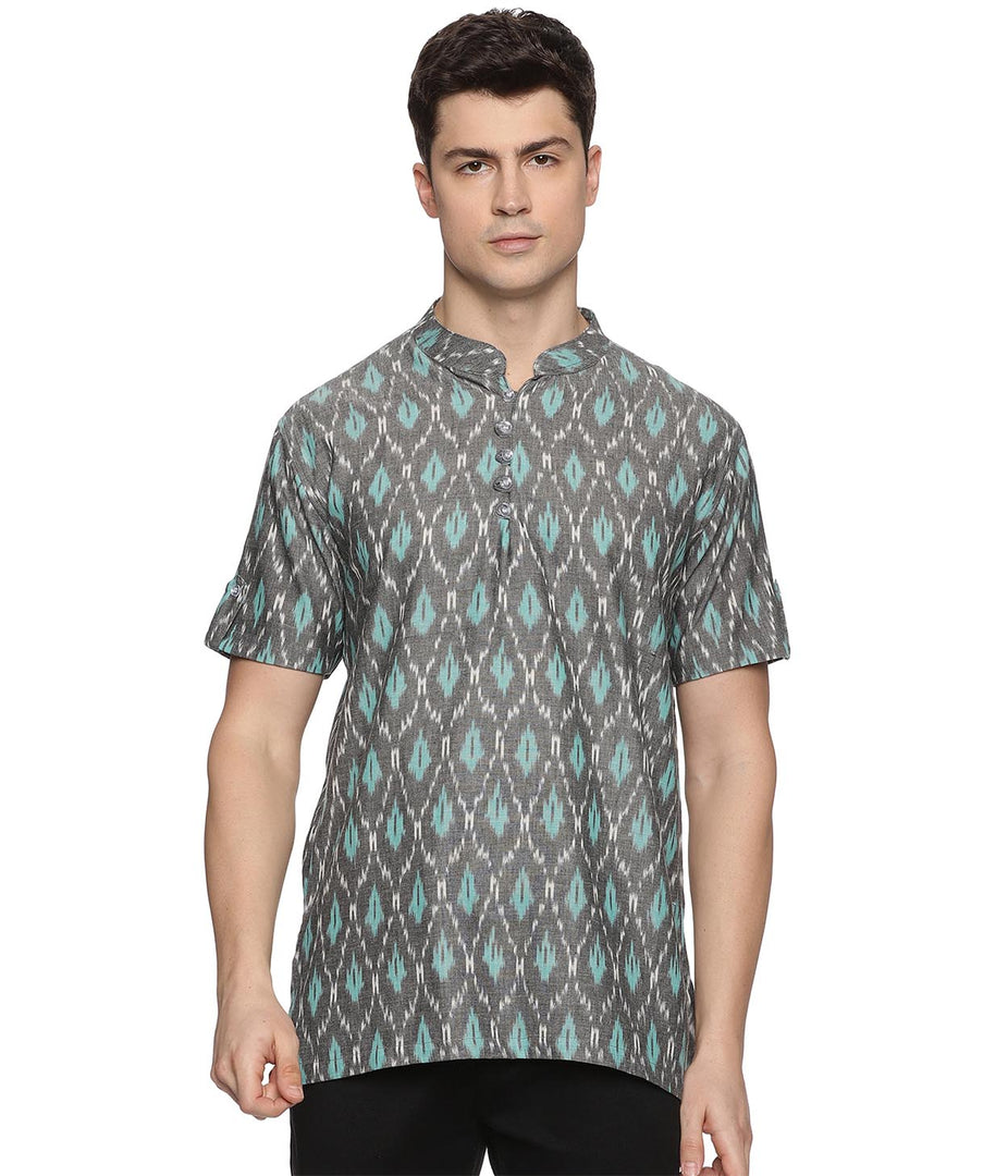 Ikat Grey-Turquoise Patterned Mens Slim Kurta