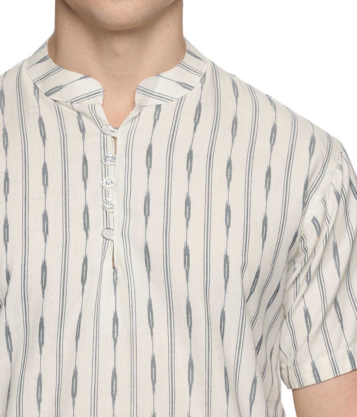 Ikat Grey Striped Mens Slim Kurta