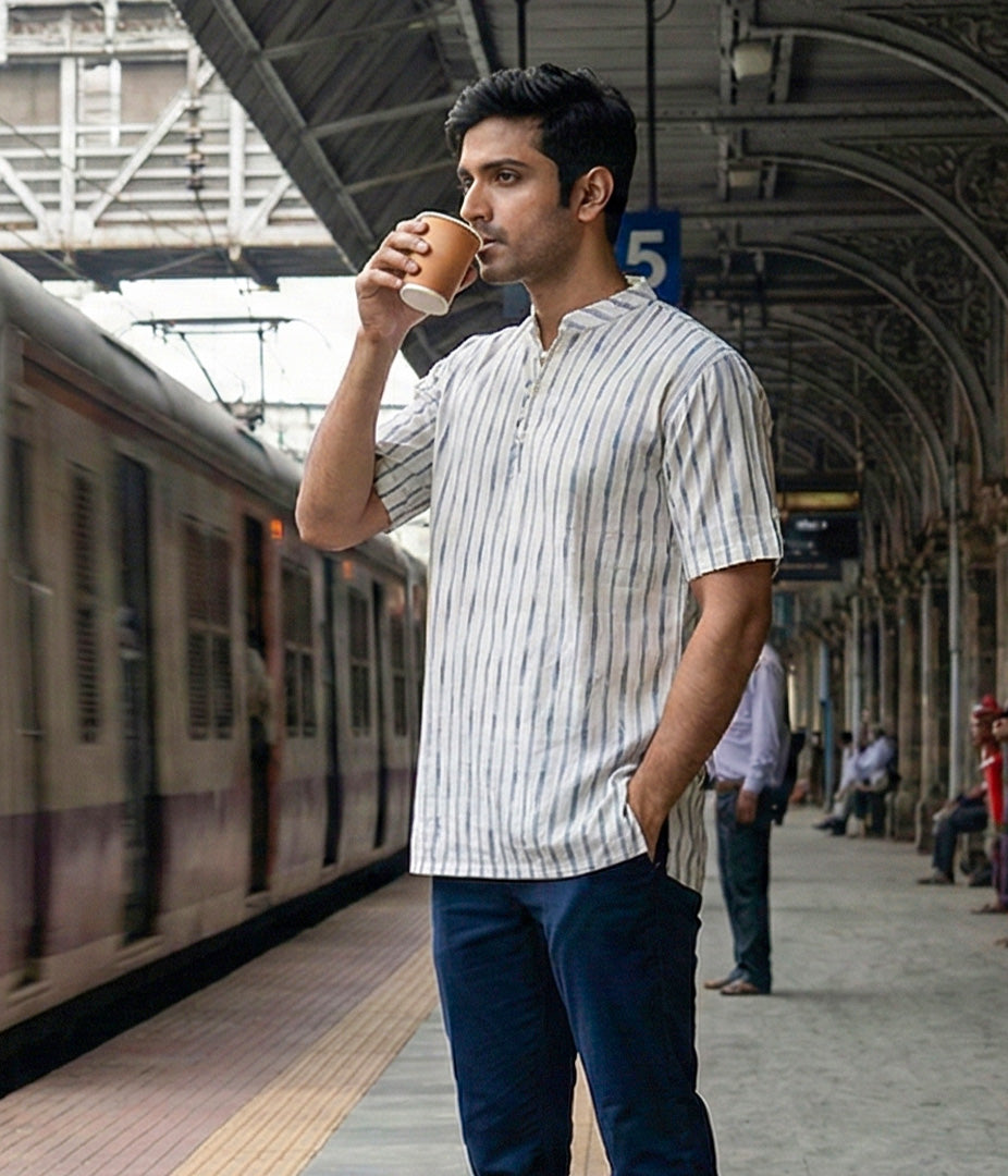 Ikat Grey Striped Mens Slim Kurta