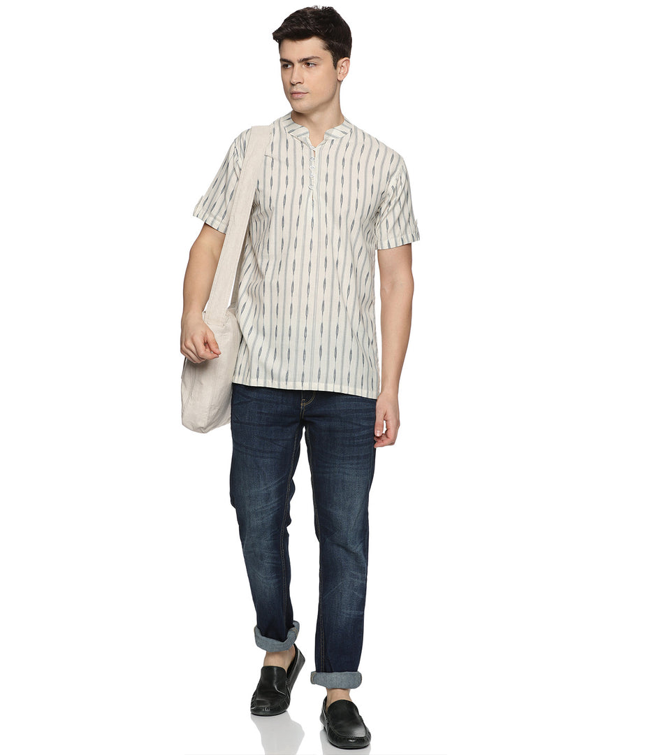 Ikat Grey Striped Mens Slim Kurta