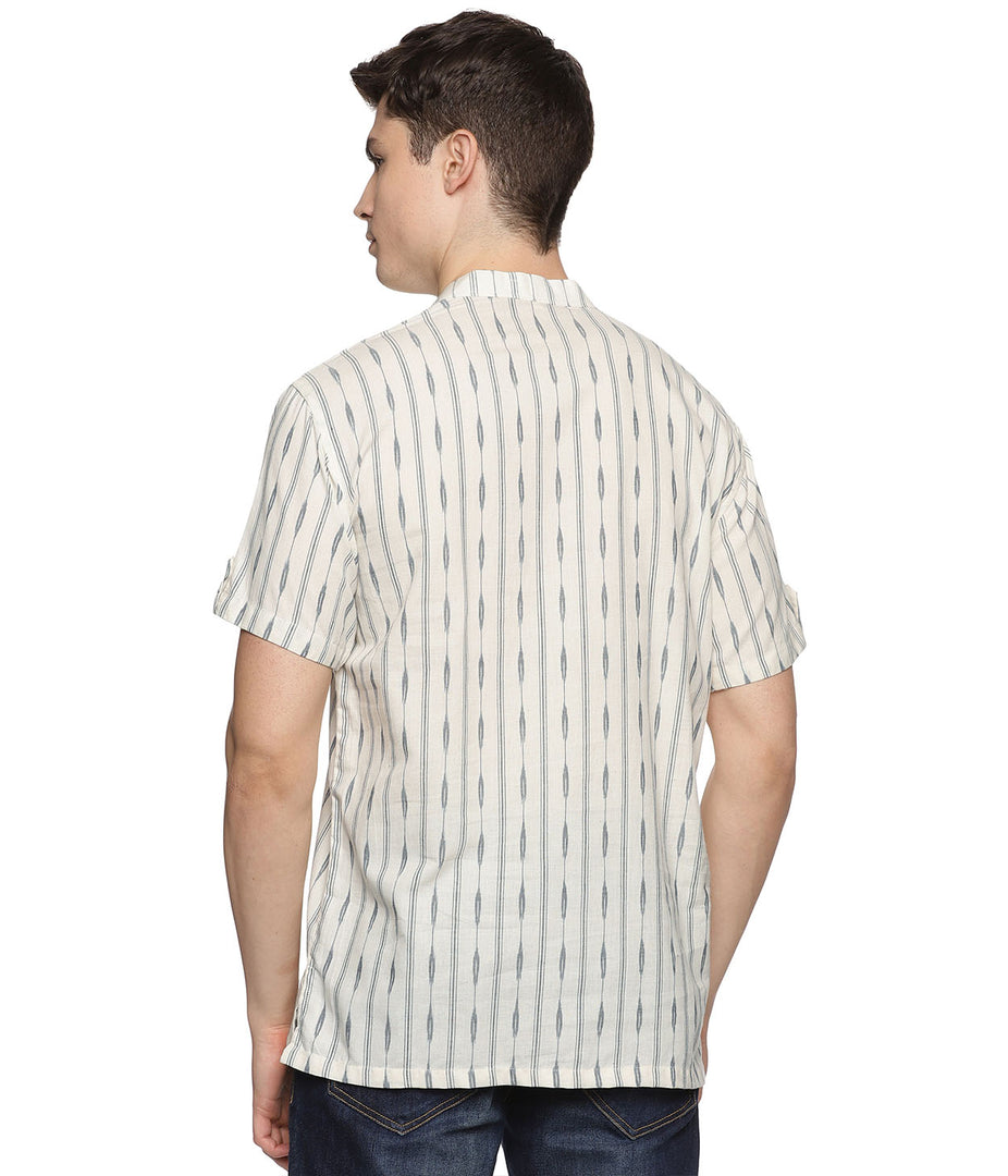 Ikat Grey Striped Mens Slim Kurta