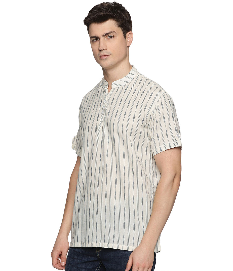 Ikat Grey Striped Mens Slim Kurta