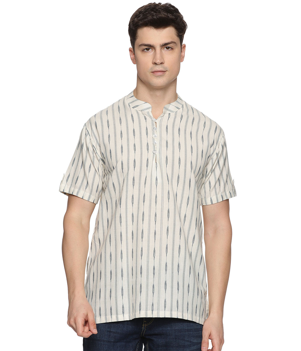 Ikat Grey Striped Mens Slim Kurta Secondary image
