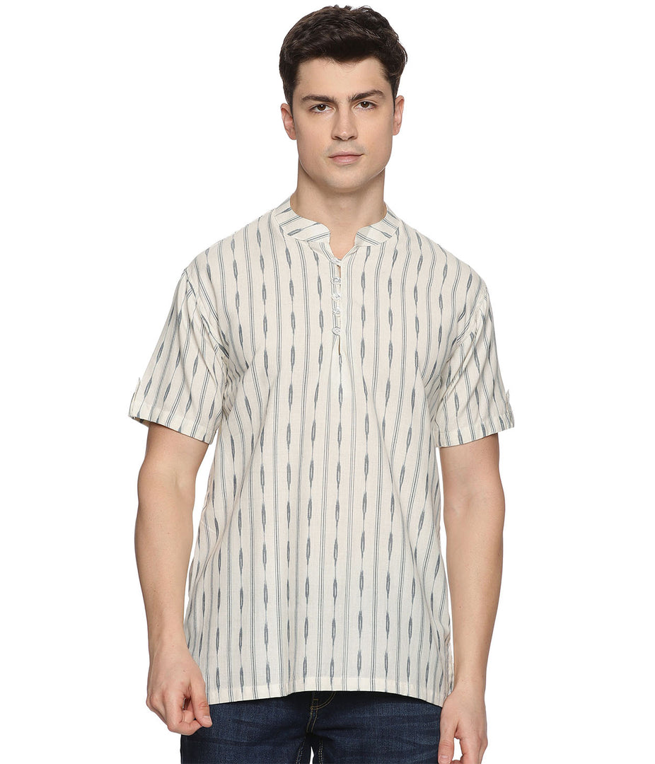 Ikat Grey Striped Mens Slim Kurta