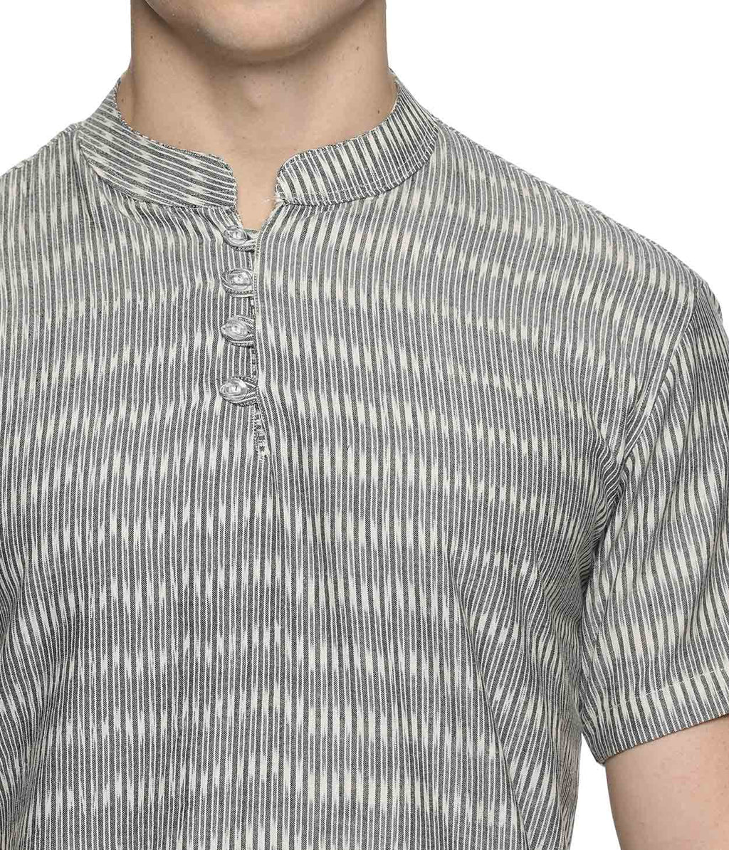 Ikat Grey-White Mens Slim Kurta