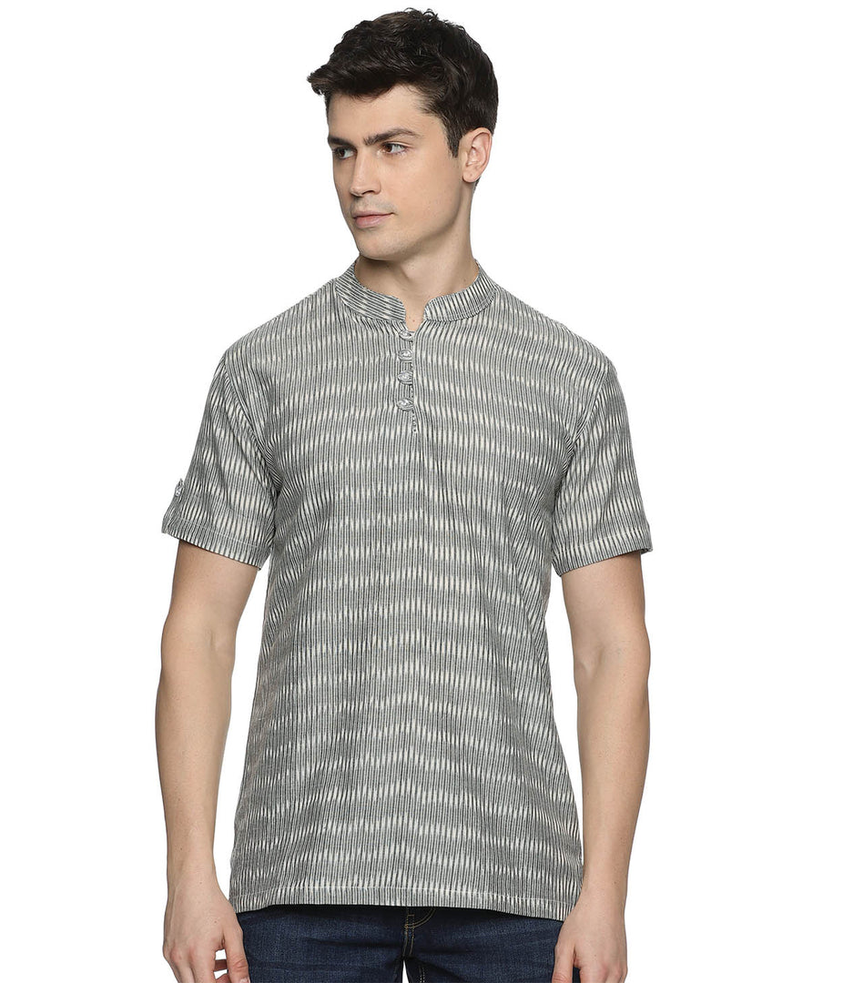 Ikat Grey-White Mens Slim Kurta