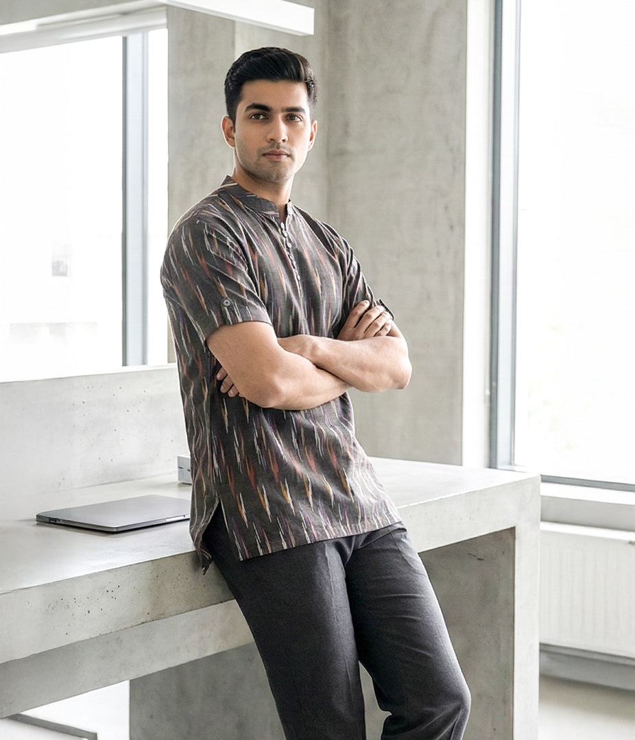 Ikat Multicolor Mens Slim Kurta