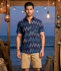 Ikat Navy Blue Chevrons Mens Short-Sleeved Shirt