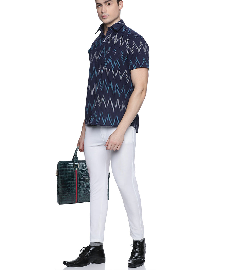 Ikat Navy Blue Chevrons Mens Short-Sleeved Shirt