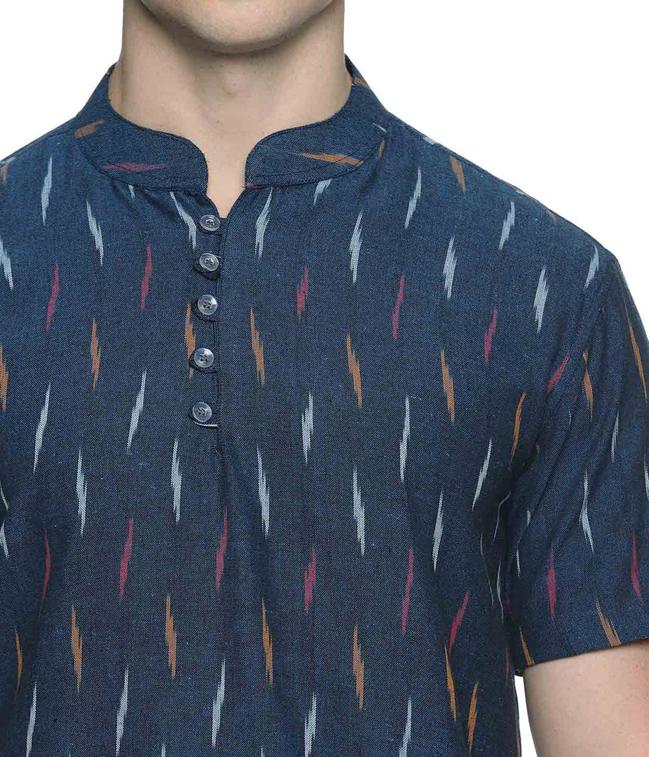 Ikat Navy Blue Patterned Mens Slim Kurta