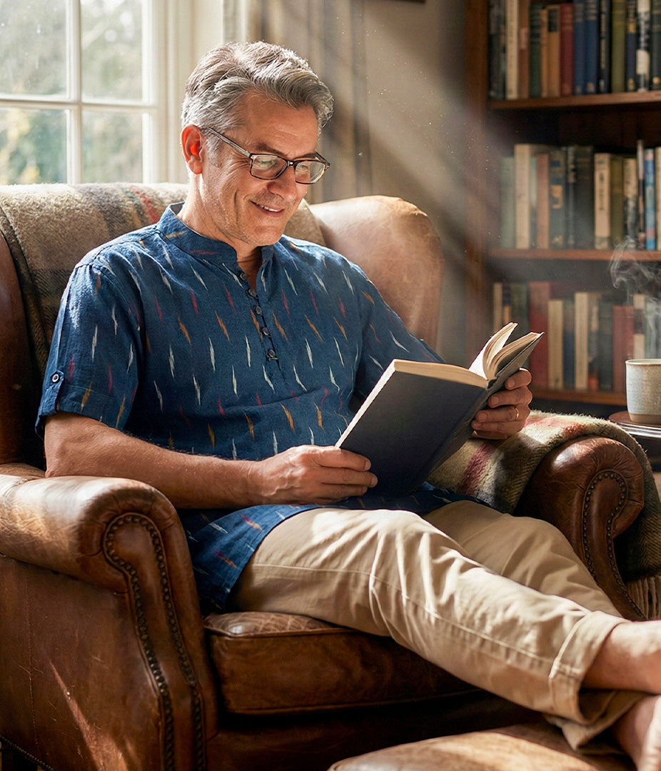 Ikat Navy Blue Patterned Mens Slim Kurta