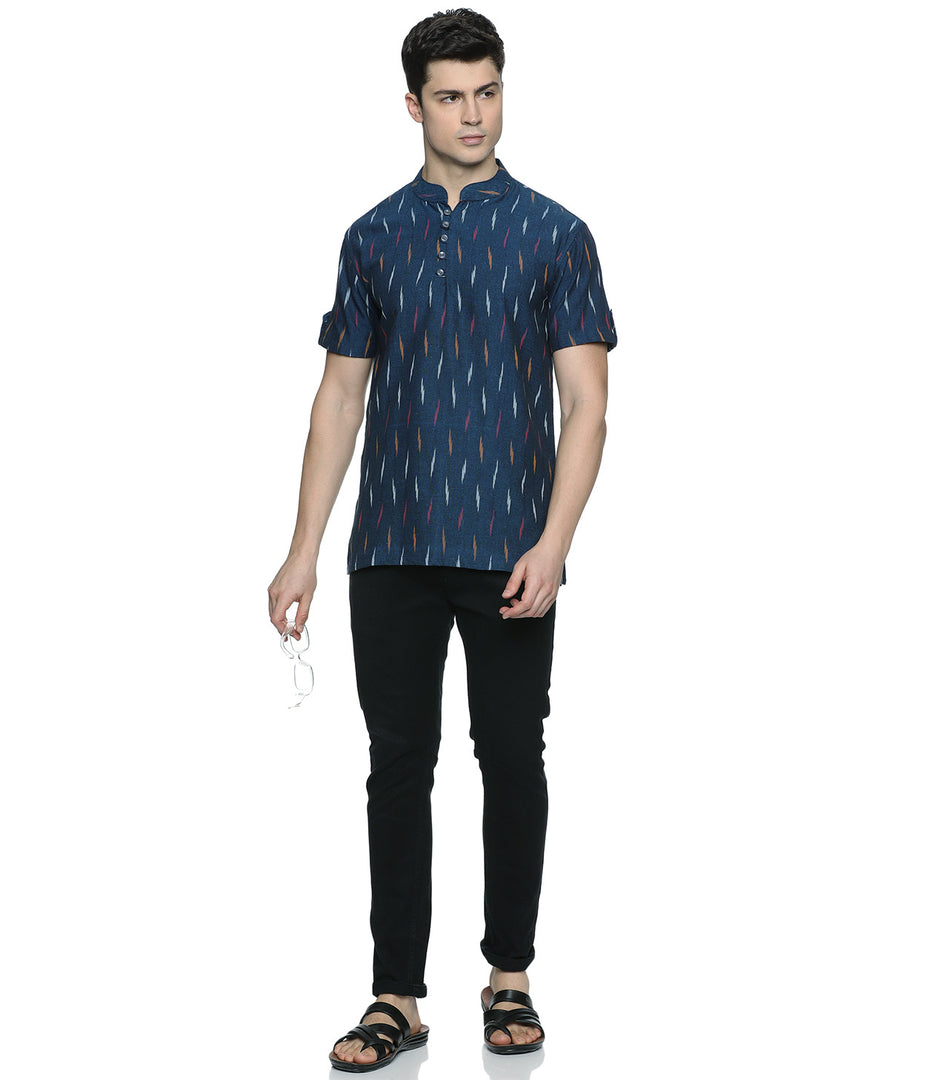 Ikat Navy Blue Patterned Mens Slim Kurta