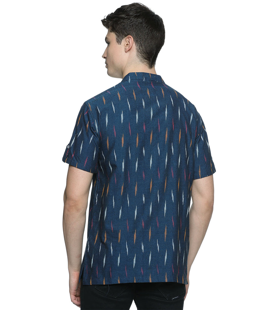 Ikat Navy Blue Patterned Mens Slim Kurta