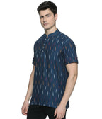 Ikat Navy Blue Patterned Mens Slim Kurta