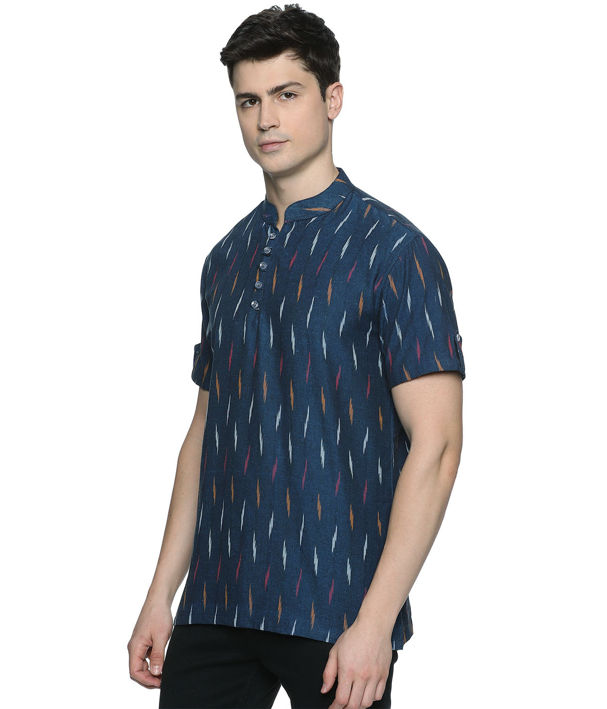 Ikat Navy Blue Patterned Mens Slim Kurta
